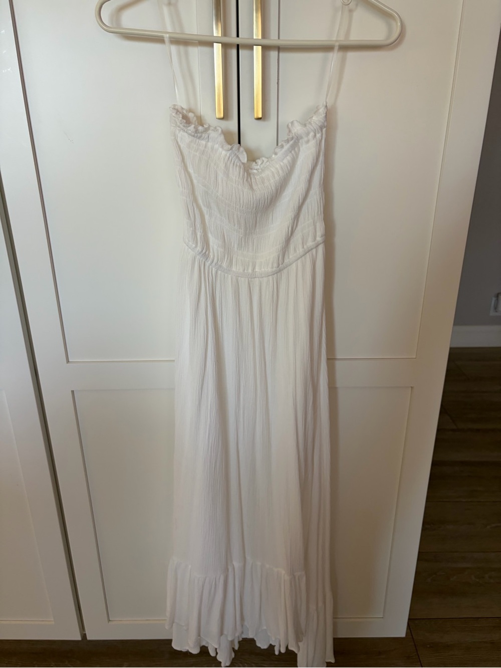 White Smocked Maxi Slip Dress with Ruffle Trim